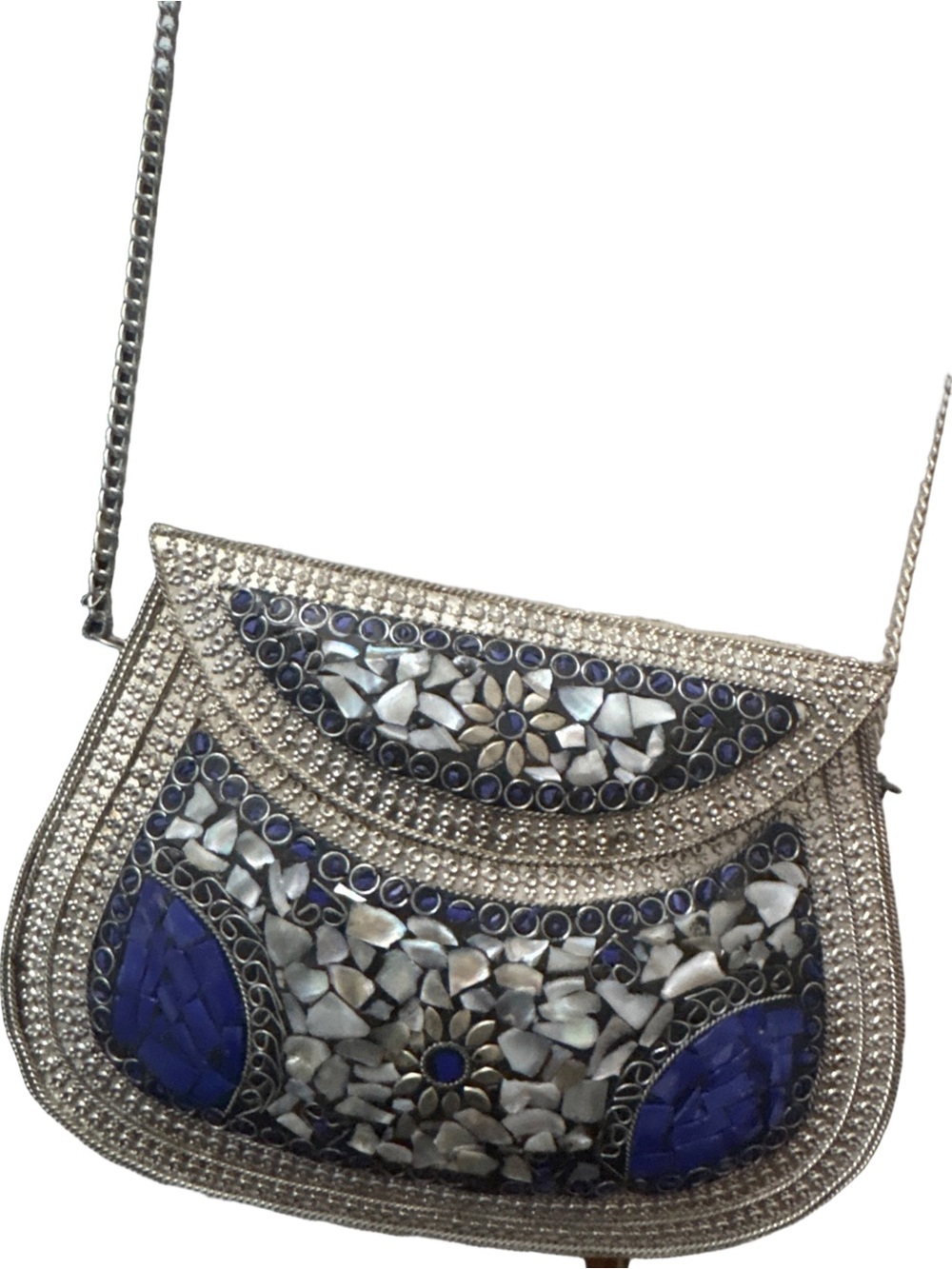 Mosaic Mother of Pearl, Silver and Blue Crossbody Bag - Picture 2 of 7